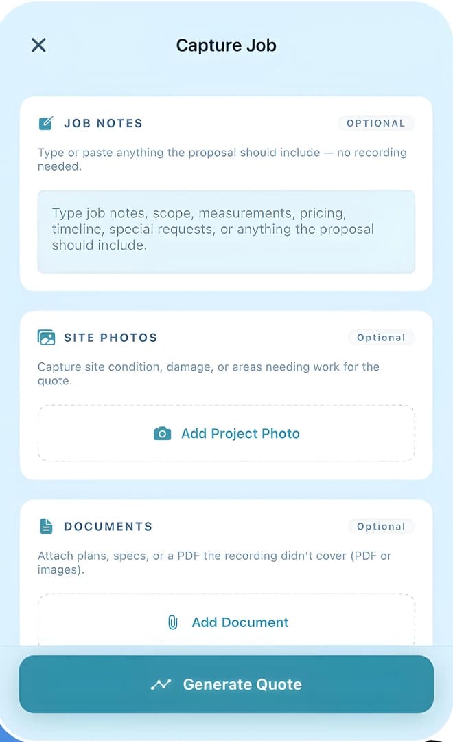 The biddl Capture Job screen with job notes, site photos, and documents.