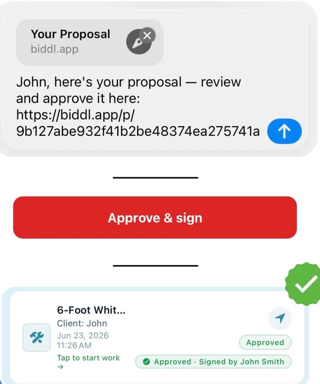 A proposal link sent by text, an approve-and-sign button, and a job marked approved.